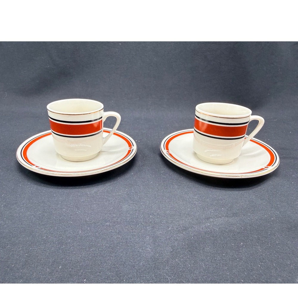 Vintage Espresso Cup and Saucer Set of 2 Red Black Gold Trim Mid Century Modern